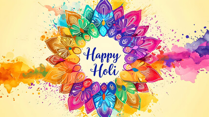 Holi festival card with a bright floral mandala and festive wishes. - obrazy, fototapety, plakaty