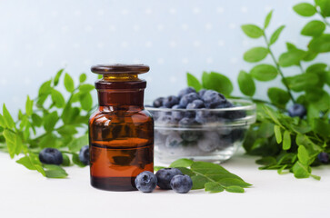 Pharmacy bottle with wild blueberry seed oil (essential oil, tincture, infusion). Natural skin...