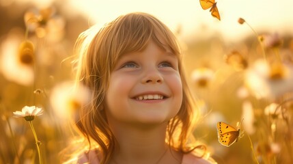 Sunny caucasian preschool little kid in summer floral field with butterflies enjoyng nature on holiday vacations looking up and smilling happily at golden hour