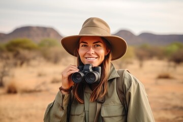 Tourist woman with binoculars in Namib desert, Namibia