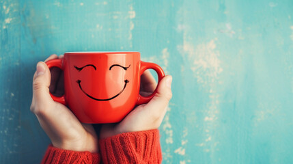 Hands holding a red coffee cup with happy face to counter