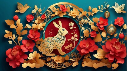 Happy chinese new year 2023 year of the rabbit zodiac sign with flower,lantern,asian elements gold paper cut style on color Background. - obrazy, fototapety, plakaty