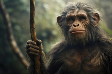 Obraz premium ancient and intelligent ancestor, a Neanderthal, with elements of clever nature of primates in a jungle setting.