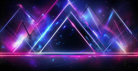 Abstract technology futuristic neon triangle glowing blue and pink light lines with speed motion blur effect on dark blue background