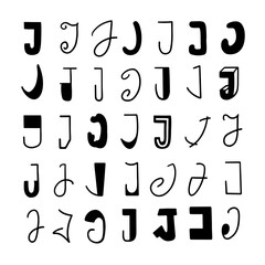 Set of letters J in different styles. Hand drawn lettering. Isolated on white background.