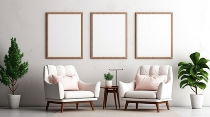 Wooden armchairs in room with white wall and big frame poster on it. Scandinavian style interior design of modern living room