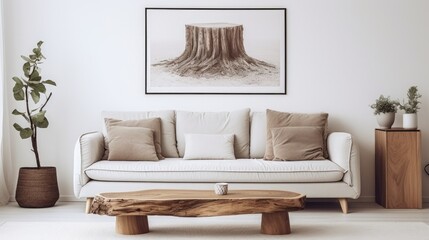 Wood stump coffee table near grey sofa against white wall with poster frame. Scandinavian, nordic home interior design of modern living room