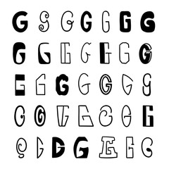 Set of letters G in different styles. Hand drawn lettering. Isolated on white background.