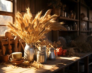 Still life with wheat ears on a table in a rustic kitchen - obrazy, fototapety, plakaty