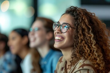 Obraz premium Close-up picture showcases the happiness and laughter of staff or participants during a startup business presentation