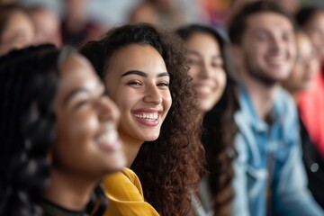 Obraz premium Close-up picture showcases the happiness and laughter of staff or participants during a startup business presentation