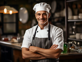Celebrity chef of a large restaurant with a smile in modern cuisine. Its employees are working in the background.