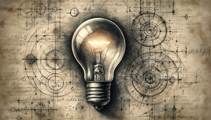 Vintage Light Bulb on Mathematical Sketches Background, Concept of Idea and Innovation