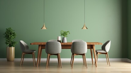 Wooden dining table and chairs against green wall with frames. Scandinavian, mid - century interior design of modern dining room