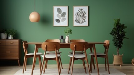 Wooden dining table and chairs against green wall with frames. Scandinavian, mid - century interior design of modern dining room