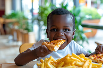 young smiling black child boy enjoying cheesy slice pizza in pizzeria, with a plate of fries, joy of dining out, little kids pizza feast.