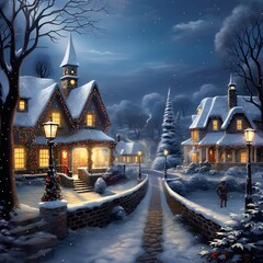 Fototapeta na wymiar Winter night in a snowy village. Christmas and New Year background.