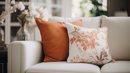 Close up of fabric sofa with white and terra cotta pillows. French country home interior design of modern living room