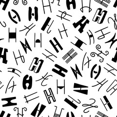 Black and white seamless pattern with the letter H in various styles, hand lettering.