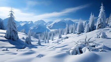 Winter landscape with snowy fir trees. Panoramic view of mountains.