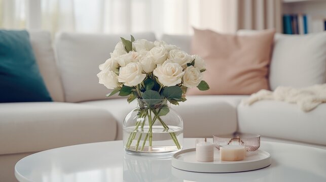 Close up of glass vase with flowers on round coffee table near white sofa. Scandinavian style home interior design of modern living room