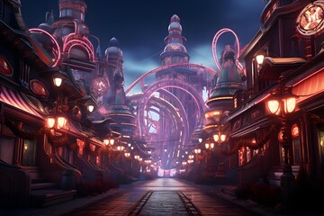 3D rendering of a fantasy city at night with neon lights.