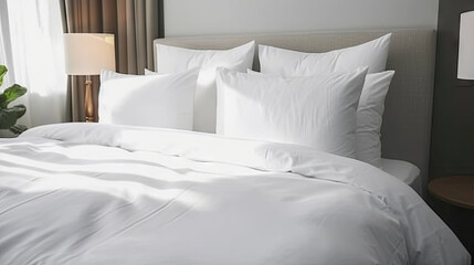 Fototapeta na wymiar Minimalist elegance, White pillows on a pristine white bed, a serene bedroom composition, modern bedroom interior 