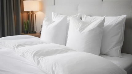 Fototapeta na wymiar Minimalist elegance, White pillows on a pristine white bed, a serene bedroom composition, modern bedroom interior 