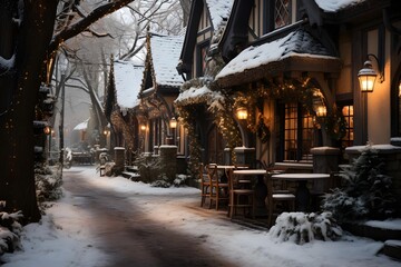 Beautiful winter landscape with snow covered trees and cozy wooden houses in the city