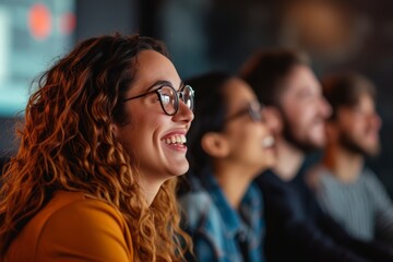 Obraz premium Close-up shot featuring a people of people with genuine smiles and laughter, thoroughly engaged in a startup business talk