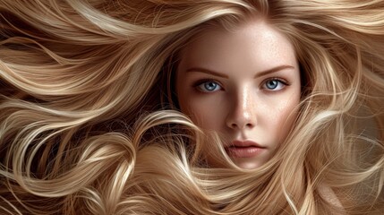 Naklejka premium Young woman with long hair in fashion editorial style. Hair blowing in the wind. Trendy hair style