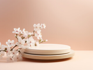Obraz na płótnie Canvas Spring flowering tree branch with white flowers on pastel beige background
