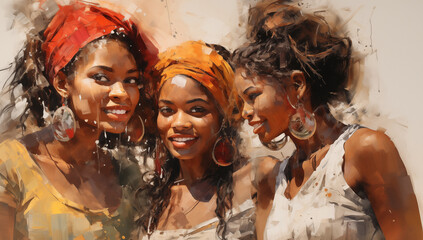 Close up of black African American women in headscarves watercolor style - obrazy, fototapety, plakaty