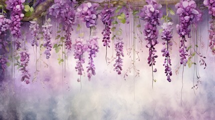 illustration of hanging garlands of beautiful blossoms, romantic style, purple and green colors on a grunge background - obrazy, fototapety, plakaty