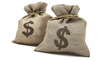 Burlap bags with dollar signs isolated on white transparent background, png.
