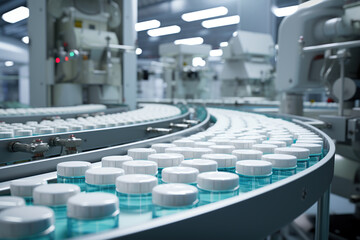 An array of blue and white capsule pills is shown on a conveyor belt, depicting the mass production process in a pharmaceutical plant. - obrazy, fototapety, plakaty