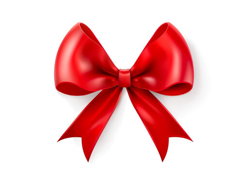 Beautiful red satin gift bow isolated on white transparent background, png. Bow hair with tails in beautiful red color made out of cotton fabric
