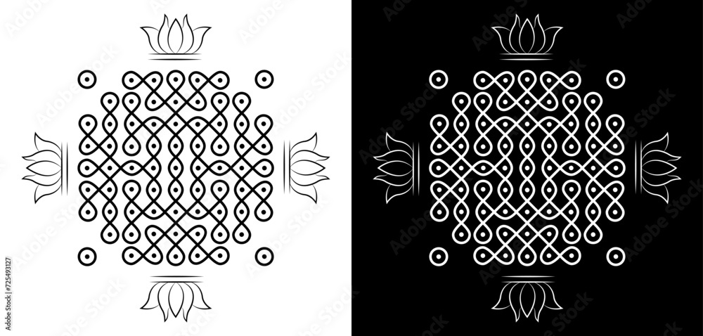 Wall mural indian traditional and cultural rangoli or kolam design concept isolated on black and white backgrou