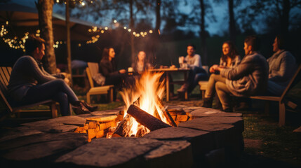 close-up of a large bonfire, friends gathered around in the blurred background - Powered by Adobe