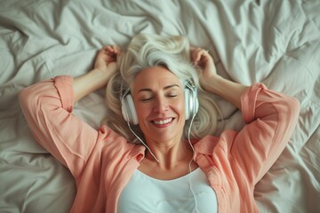 Fototapeta premium Smiling middle-aged woman with headphones listening to music lying on the bed