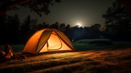 camping tent illuminated from within, creating a warm, inviting glow against the backdrop of a starry night - obrazy, fototapety, plakaty