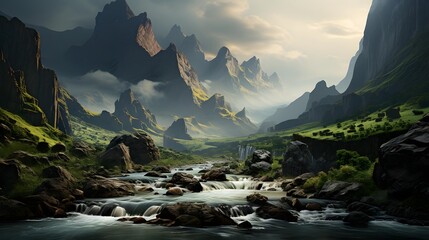 Fantastic panoramic landscape with a mountain river in the foreground - obrazy, fototapety, plakaty