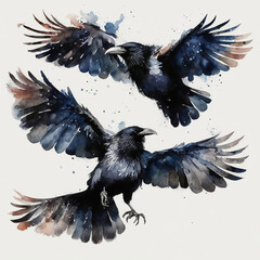 A black crow in flight, an urban bird. watercolor illustration. artificial intelligence generator, AI, neural network image. background for the design.