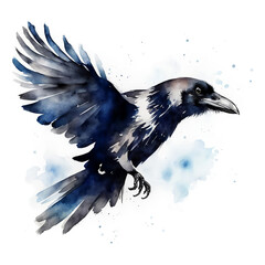 A black crow in flight, an urban bird. watercolor illustration. artificial intelligence generator, AI, neural network image. background for the design.