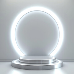 Abstract shine silver cylinder pedestal podium. Sci-fi white empty room concept with semi circle glowing neon lighting. Vector rendering 3d shape   ai technology