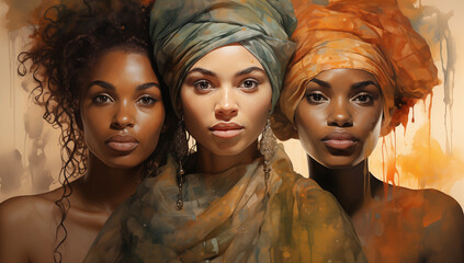 Close up of black African American women in headscarves watercolor style - obrazy, fototapety, plakaty