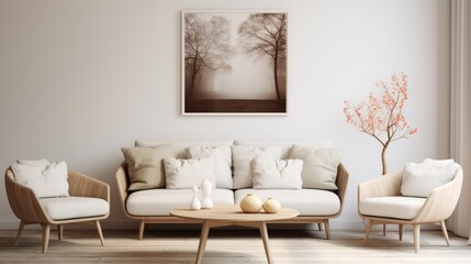 Fototapeta na wymiar Cozy loveseat sofa near round accent coffee table. Scandinavian home interior design of modern living room in farmhouse