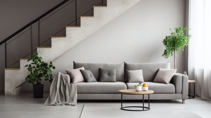 Cute grey sofa in room with staircase. Scandinavian home interior design of modern living room