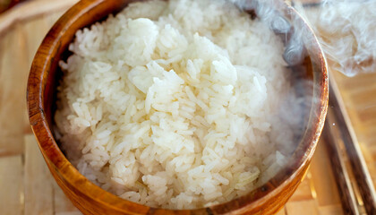 Steaming Wooden Bowl of Rice