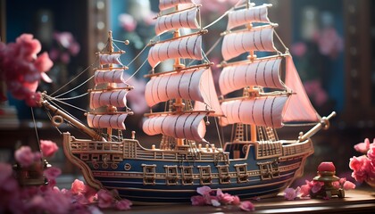 Model of the old ship on the background of flowers. 3d illustration - obrazy, fototapety, plakaty